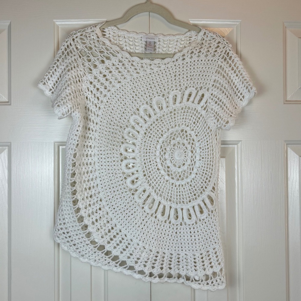 Chicos White Crochet Knit Top Short Sleeve Cotton Sunburst Boho